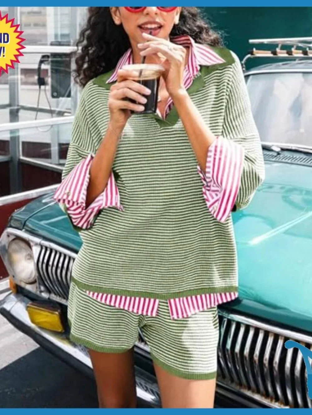 Oversized 3/4 Sleeve V-Neck Sweater Set with High Waisted Shorts Lounge Wear